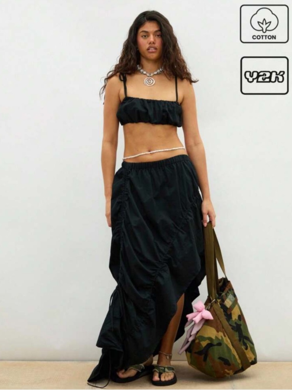 SHEIN Black Ruched Asymmetric Maxi Skirt